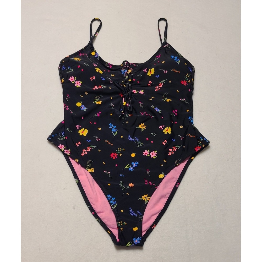Salt + Cove Women's Floral Lace-Up One Piece Swimsuit Black Multi XL
